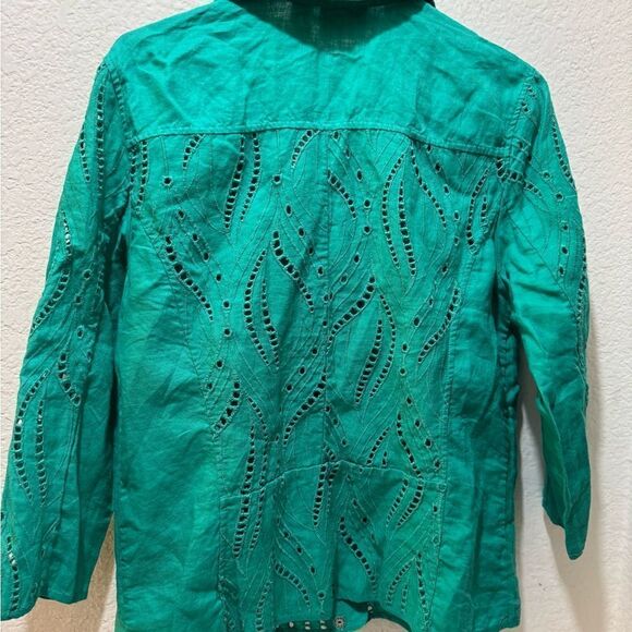 Chico's 100% Linen Embroidered Jacket. 1 (M) Zip Pockets Eyelet Lagenlook Boho - Picture 9 of 12